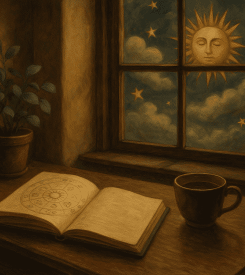 A reflective scene suggesting the human weather of restlessness, with a notebook, tea and soft daylight by a window