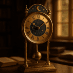 A brass pendulum swinging gently in a warmly lit room