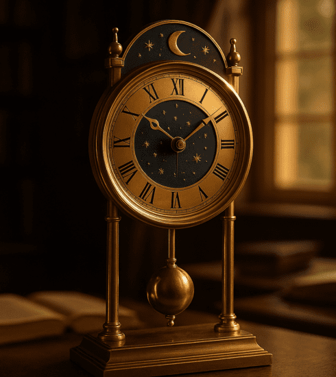 A brass pendulum swinging gently in a warmly lit room