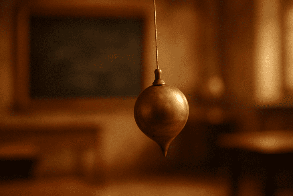 A brass pendulum swinging beside an antique clock mechanism in soft light
