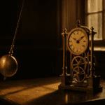 A brass pendulum swinging beside an antique clock mechanism in soft light