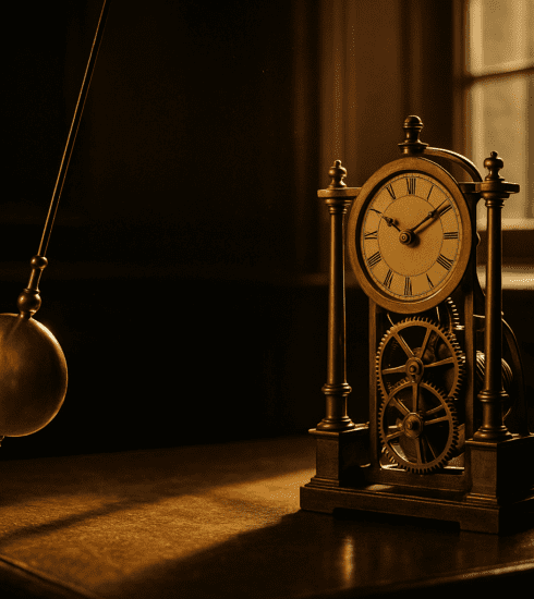 A brass pendulum swinging beside an antique clock mechanism in soft light