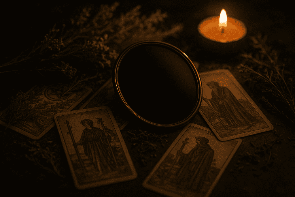 An antique mirror in soft candlelight symbolising occult reflection and spiritual mystery.