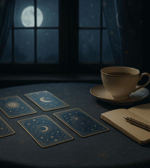 A calm spiritual scene with tarot cards, a notebook and soft candlelight symbolising reflection on twin flame obsession
