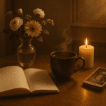 A calm morning ritual with journalling, tea, candle and tarot cards on a wooden table