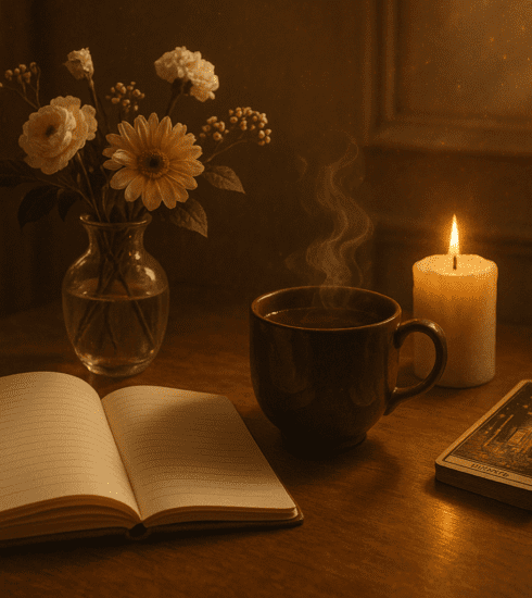 A calm morning ritual with journalling, tea, candle and tarot cards on a wooden table