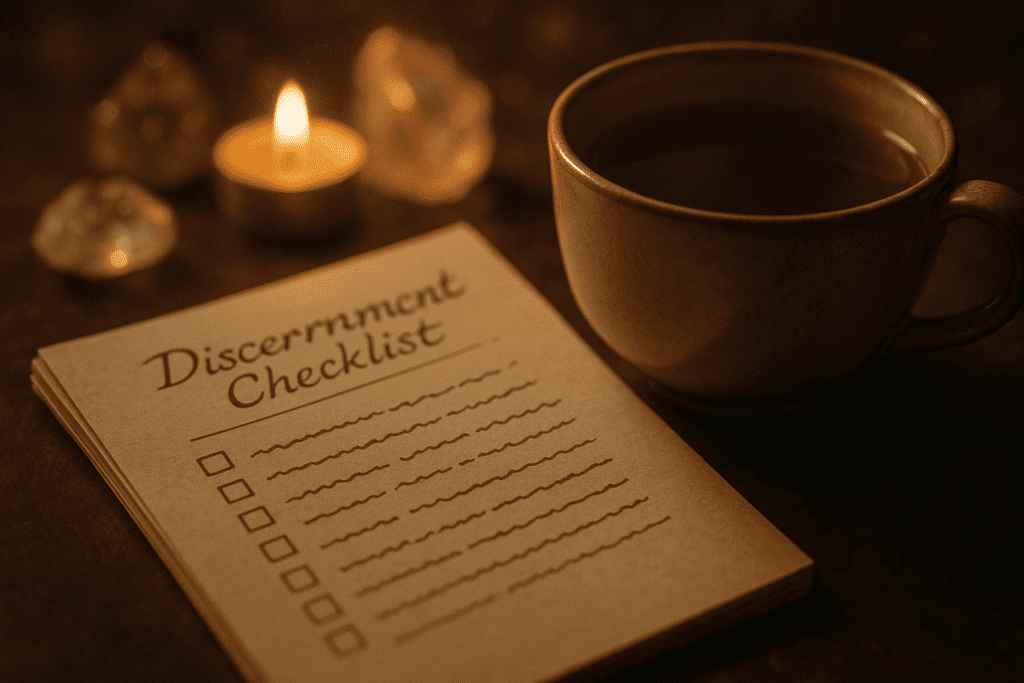 A calm spiritual desk scene with tarot cards, notebook and candle for discernment