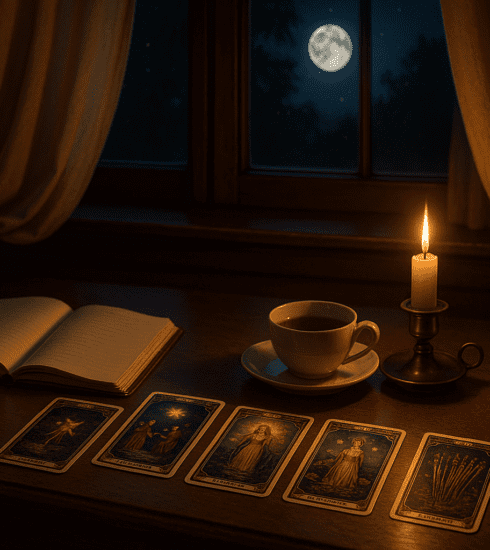 A calm spiritual desk scene with tarot cards, notebook and candle for discernment