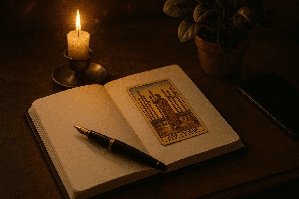 A calm spiritual desk scene with tarot cards, notebook and candle, suggesting discernment and emotional clarity
