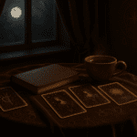 A calm spiritual desk scene with tarot cards, notebook and candle, suggesting discernment and emotional clarity