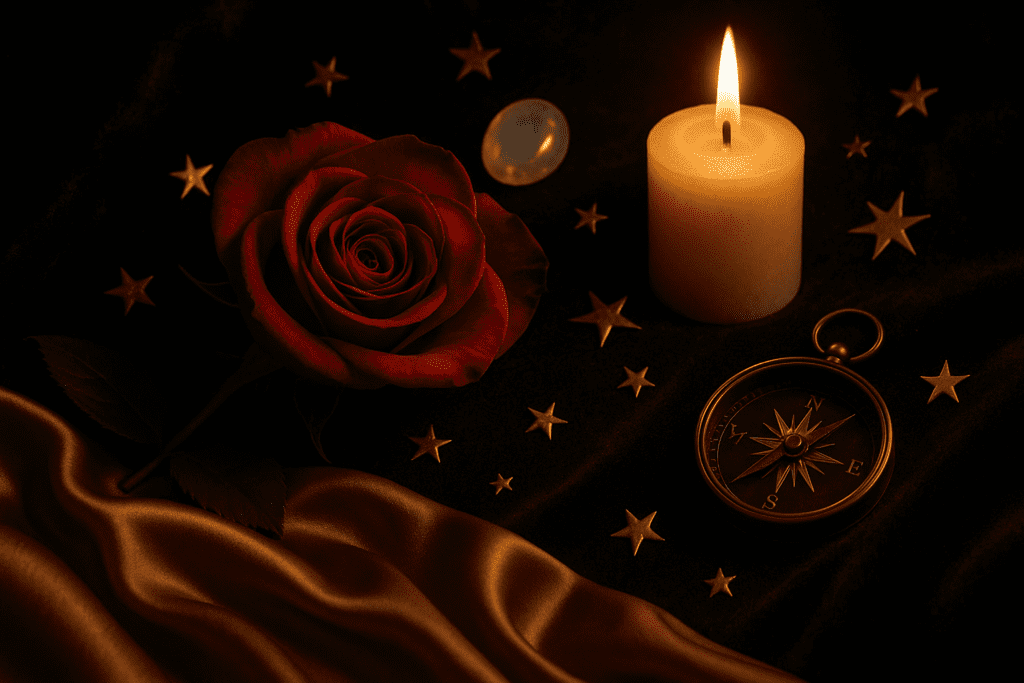 Elegant zodiac wheel with celestial symbols and soft golden light, representing each sign’s secret desires.