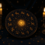 Elegant zodiac wheel with celestial symbols and soft golden light, representing each sign’s secret desires.