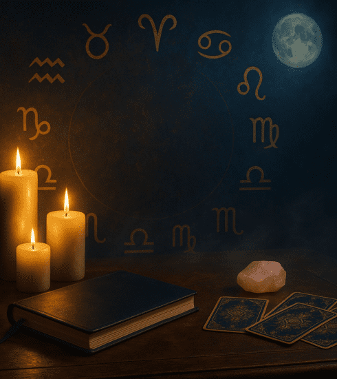 Astrology-themed scene showing zodiac symbols, tarot cards and a notebook beside candlelight