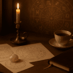 Astrology chart, notebook and candle in a calm spiritual reading setting