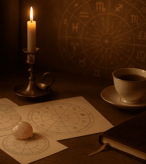 Astrology chart, notebook and candle in a calm spiritual reading setting