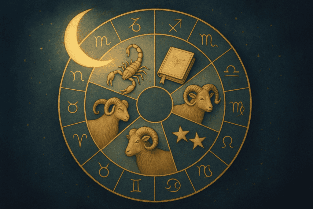 Astrology-themed editorial image showing zodiac symbols, a notebook and moonlit details for an article about signs that can’t leave well alone.