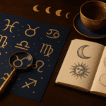 Astrology-themed editorial image showing zodiac symbols, a notebook and moonlit details for an article about signs that can’t leave well alone.