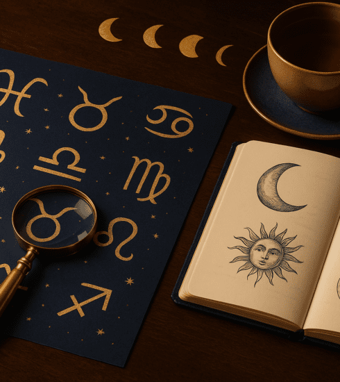 Astrology-themed editorial image showing zodiac symbols, a notebook and moonlit details for an article about signs that can’t leave well alone.