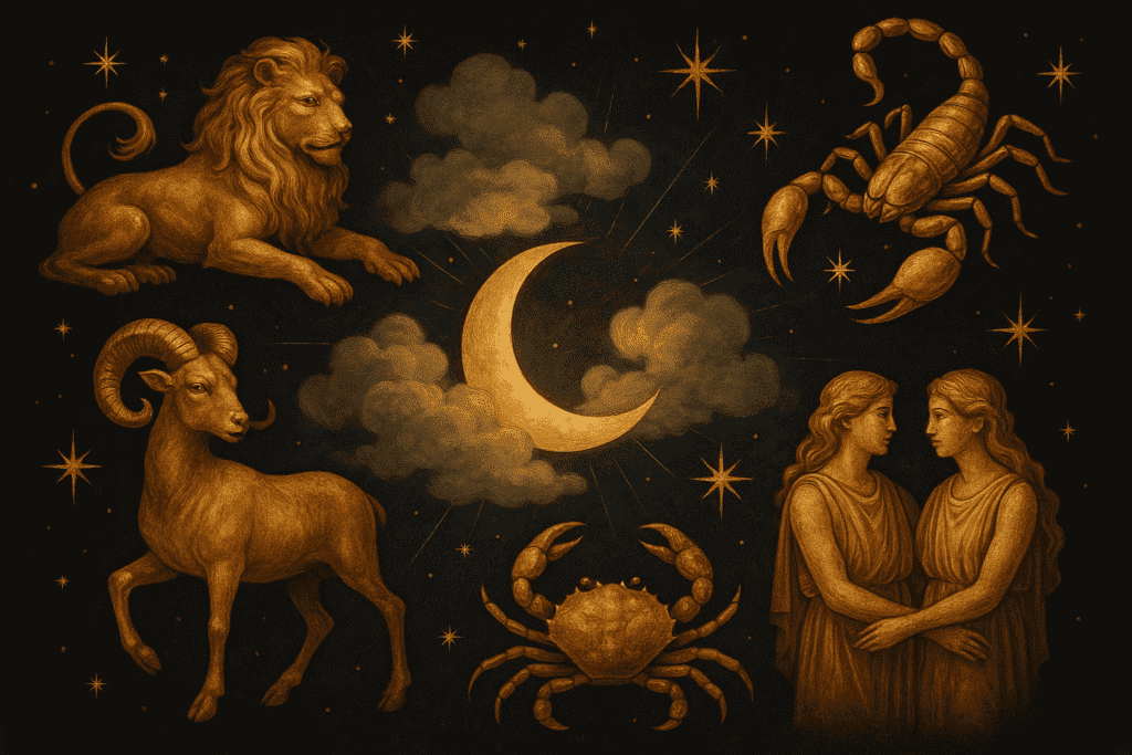Stylish zodiac-themed illustration showing the signs most likely to love drama but deny it