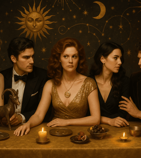 Stylish zodiac-themed illustration showing the signs most likely to love drama but deny it