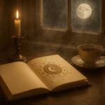 A calm spiritual desk scene with a journal, candle and soft light