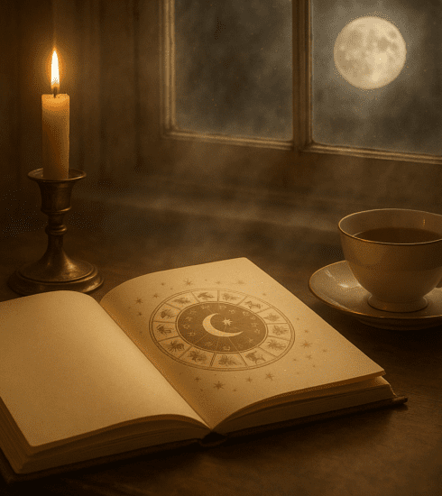 A calm spiritual desk scene with a journal, candle and soft light