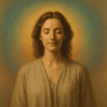 A softly lit person with subtle colour halos suggesting an aura
