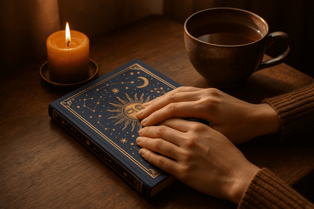 A calm person reflecting on intuitive feelings beside a journal and a cup of tea