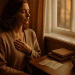 A calm person reflecting on intuitive feelings beside a journal and a cup of tea