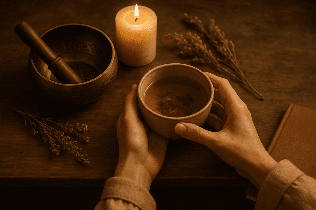A calm spiritual wellness setting with candle, salt bowl and open window for energy clearing