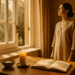 A calm spiritual wellness setting with candle, salt bowl and open window for energy clearing