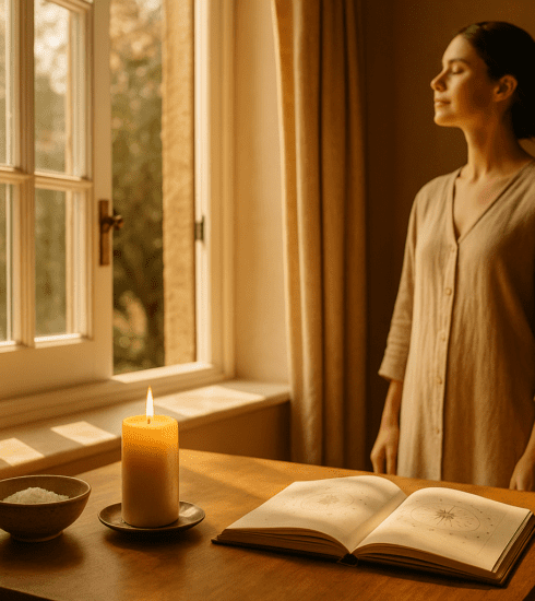 A calm spiritual wellness setting with candle, salt bowl and open window for energy clearing