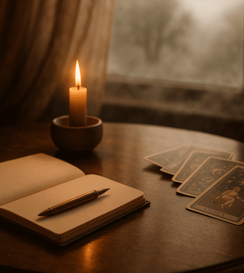 A calm spiritual reading setting with candles, notebook and soft light