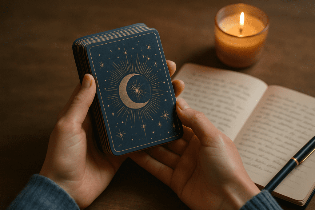 Hands holding oracle cards beside a candle and notebook in a calm spiritual setting