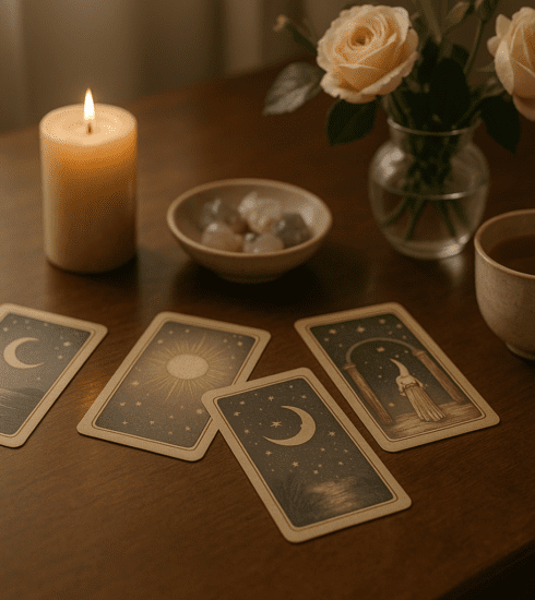 Hands holding oracle cards beside a candle and notebook in a calm spiritual setting