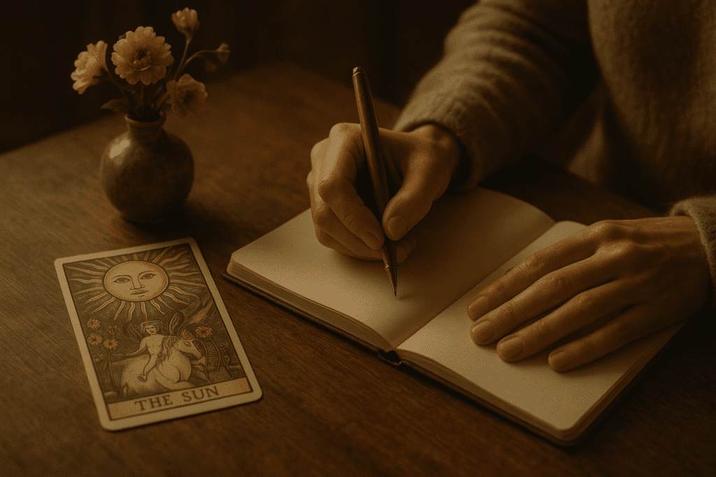 A calm spiritual guidance scene with journalling, tarot cards and a cup of tea in soft natural light.