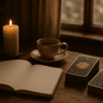 A calm spiritual guidance scene with journalling, tarot cards and a cup of tea in soft natural light.