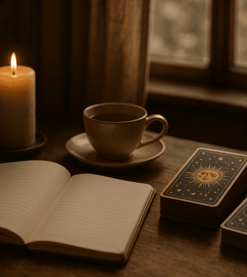 A calm spiritual guidance scene with journalling, tarot cards and a cup of tea in soft natural light.