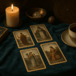 Tarot cards laid out on a soft cloth beside candles and a notebook