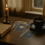 A calm spiritual setup with tarot cards, a candle and a journal beside a cup of tea