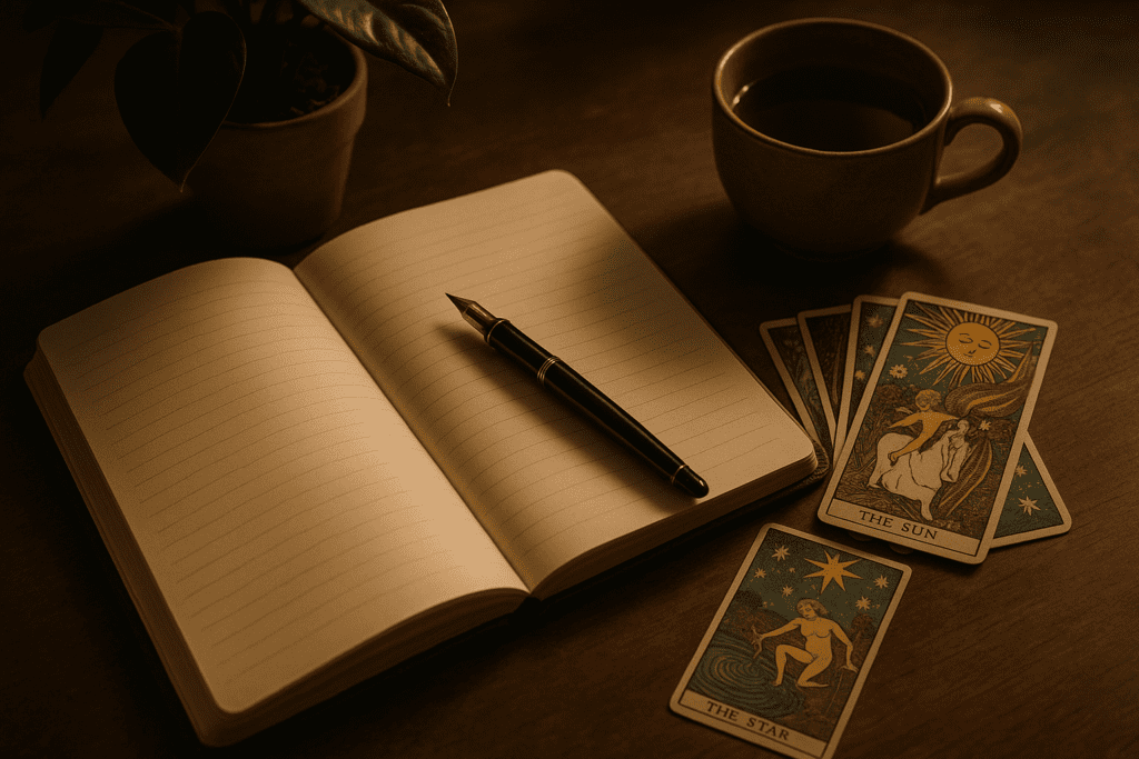 A calm spiritual desk scene with tarot cards, a journal and a cup of tea