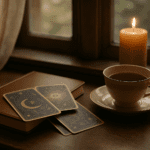 A calm spiritual desk scene with tarot cards, a journal and a cup of tea