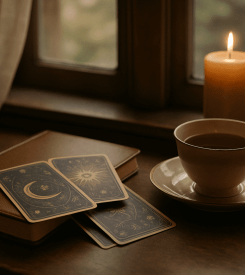 A calm spiritual desk scene with tarot cards, a journal and a cup of tea
