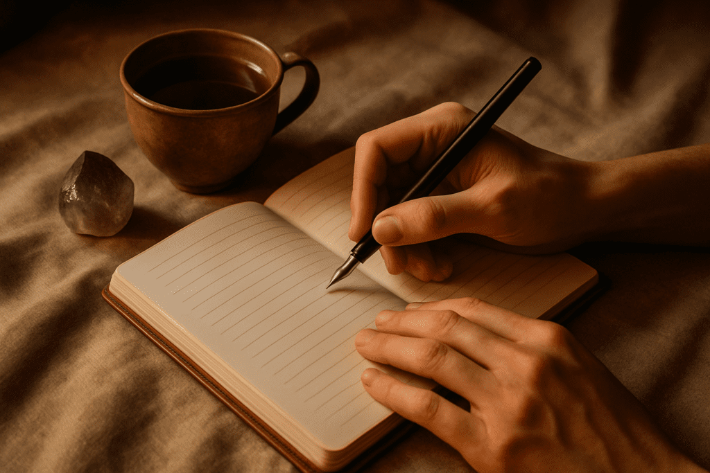 A calm journal, tea and tarot-inspired still life representing a gentler approach to manifestation