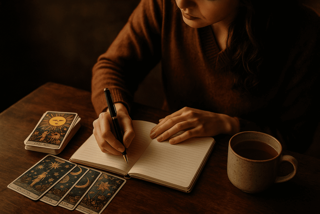 A calm table with tarot cards, a notebook and a cup of tea beside a window on a rainy afternoon