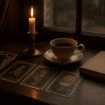 A calm table with tarot cards, a notebook and a cup of tea beside a window on a rainy afternoon