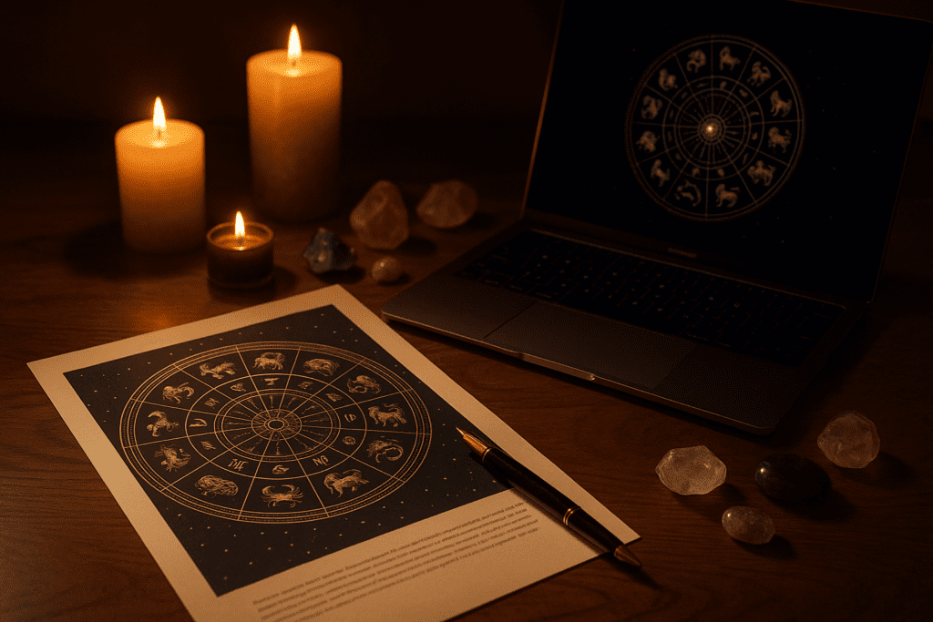 A zodiac wheel and calendar with a notebook and tea, illustrating today's horoscope and zodiac season