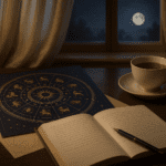 A zodiac wheel and calendar with a notebook and tea, illustrating today's horoscope and zodiac season