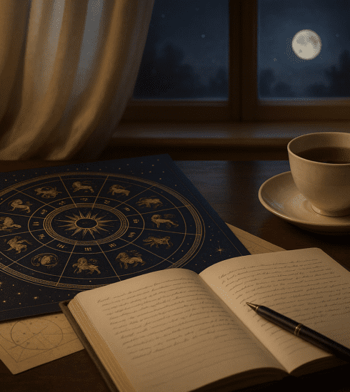 A zodiac wheel and calendar with a notebook and tea, illustrating today's horoscope and zodiac season