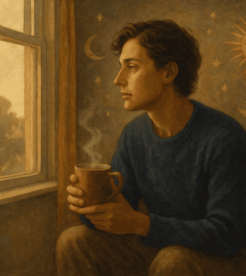 A thoughtful person sitting quietly with tea near a window, reflecting on burnout and signs